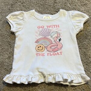 Charming White Kids' Tee with Pink Flamingo and Rainbow Print